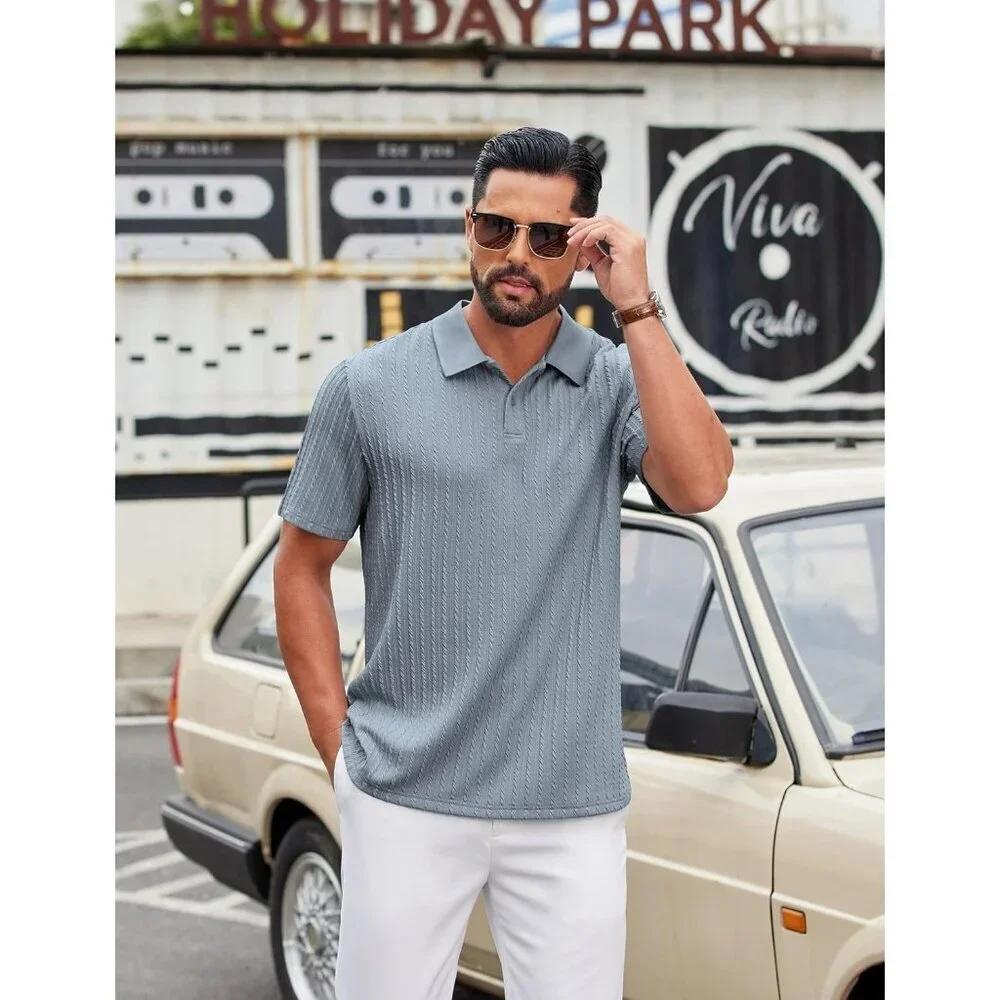 Men's Gray Blue Polo Textured Knit Button Casual Short Sleeve Imported Shirts_3